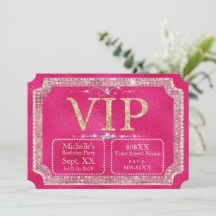 Convite Ingresso VIP com Brilho Rosa Quente e Dourado