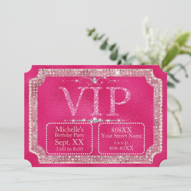 Convite Ingresso VIP de Brilho Rosa e Diamantes (Em pé/Frente)