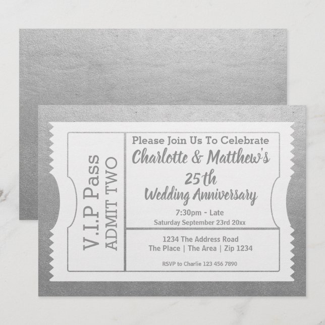 Convite Ingresso VIP Faux Silver 25º Aniversário (Frente/Verso)