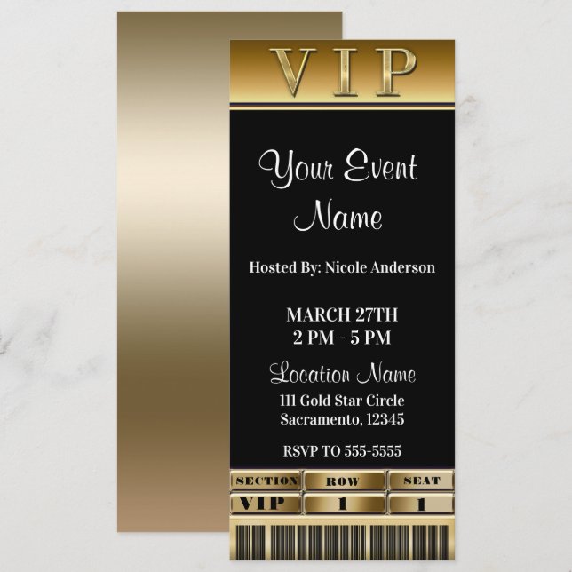 Convite Ingresso VIP para Jantar Elegante Gold & Black (Frente/Verso)
