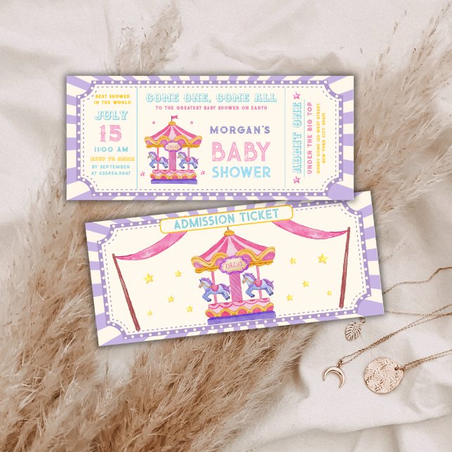 Convite Ingressos de Circo de Carrossel Fofo Chá de Bebê C (Cute Carousel Circus Ticket Carnival Baby shower Invitation)
