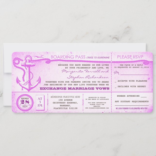 Convite ingressos de embarque de casamento com a RSVP (Frente)