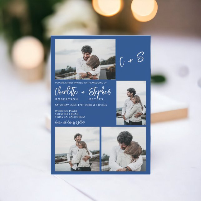 Convite Iniciais casuais azuis modernas 5 fotos casamento (Modern blue casual initials 5 photos wedding invitation)