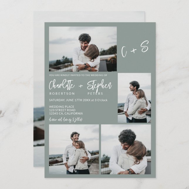 Convite Iniciais casuais verdes modernas 5 fotos casamento (Frente/Verso)