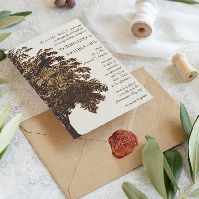 Convite Iniciais de Árvore de Amor Romântica em Casamento  (Criador carregado)