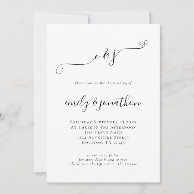 Convite Iniciais de Código QR de Casamento em Letra Elegan (Frente)