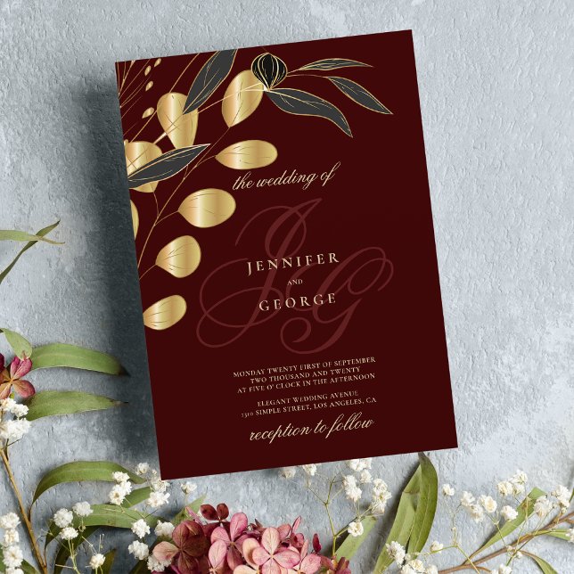 Convite Iniciais de monograma de ouro borgonha casamento f (Burgundy gold monogram initials floral wedding)