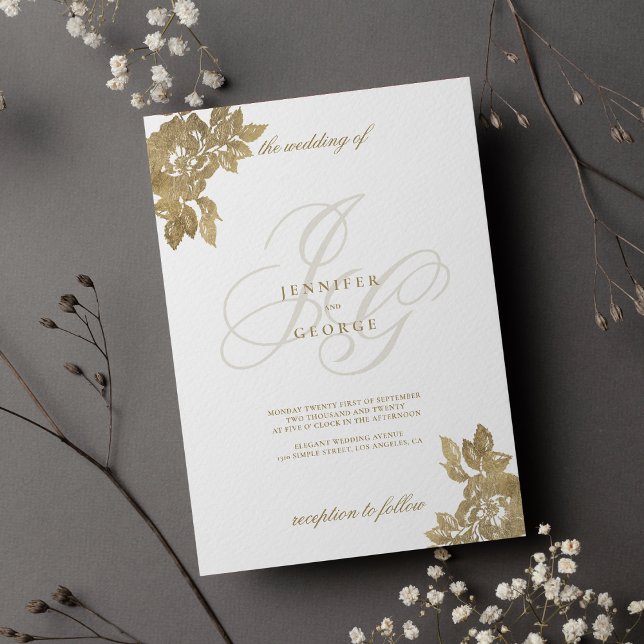 Convite Iniciais de monograma de ouro branco glam casament (White gold monogram initials glam floral wedding)
