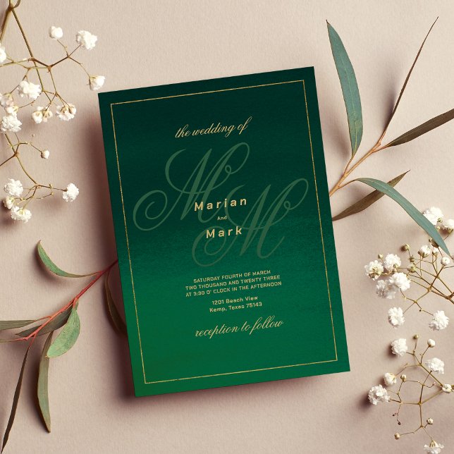 Convite Iniciais de monograma de ouro verde-florestal Casa (Forest green gold monogram initials Wedding )