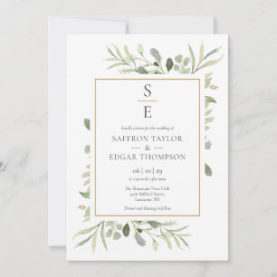 Convite Iniciais de Monograma Folhagem Verde Casamento