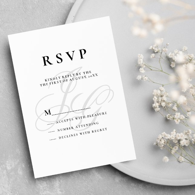 Convite Iniciais de monograma legante - RSVP branco preto (Elegant monogram initials black white RSVP)