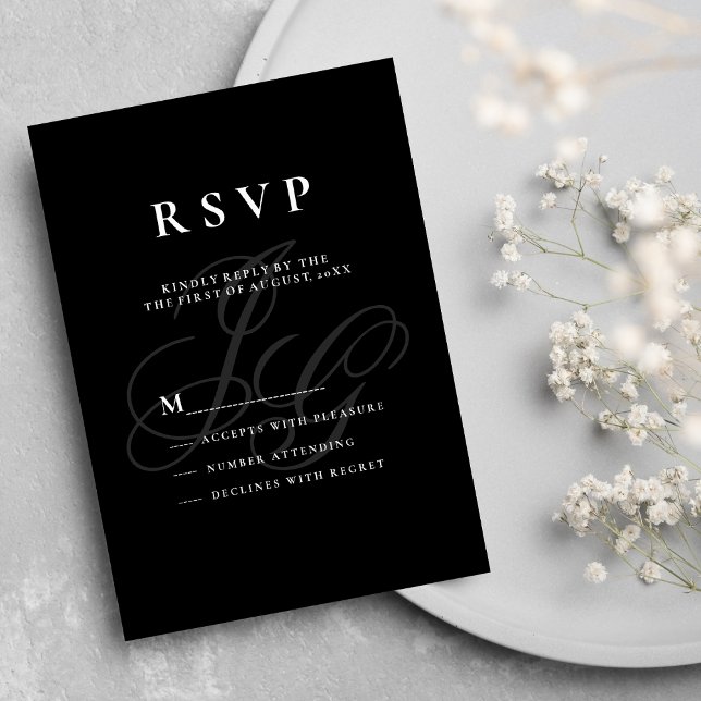 Convite Iniciais de monograma legante - RSVP branco preto (Elegant monogram initials black white RSVP)