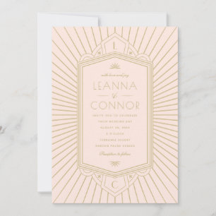 Convite Iniciais de Raios Dourados Casamento Art Déco Rosa