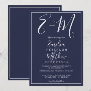 Convite Iniciais de tipografia azul marinho prata casament