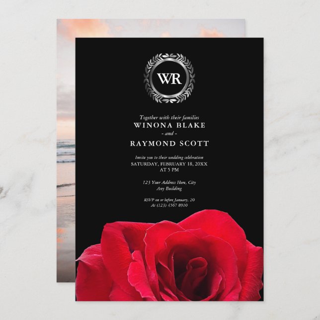 Convite Iniciais Elegantes de Lata de Prata Preta e Rosa v (Frente/Verso)