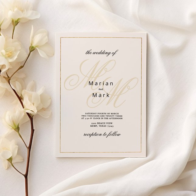 Convite Iniciais geométricas do monograma de ouro de marfi (Geometrical ivory gold monogram initials Wedding )