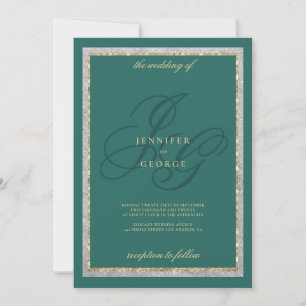 Convite Iniciais monograma de casamento em ouro prata e ve