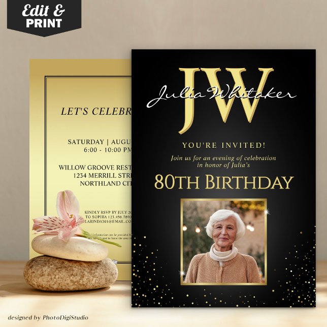 Convite Iniciais Personalizadas Aniversário do Elegante Bl (Custom Initials Elegant Black and Gold Birthday Invitation)