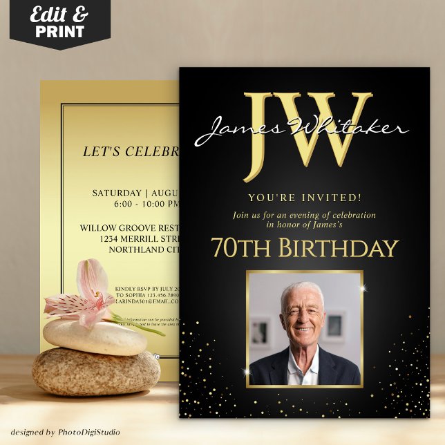 Convite Iniciais Personalizadas Aniversário do Elegante Bl (Custom Initials Elegant Black Gold 70th Birthday Invitation)