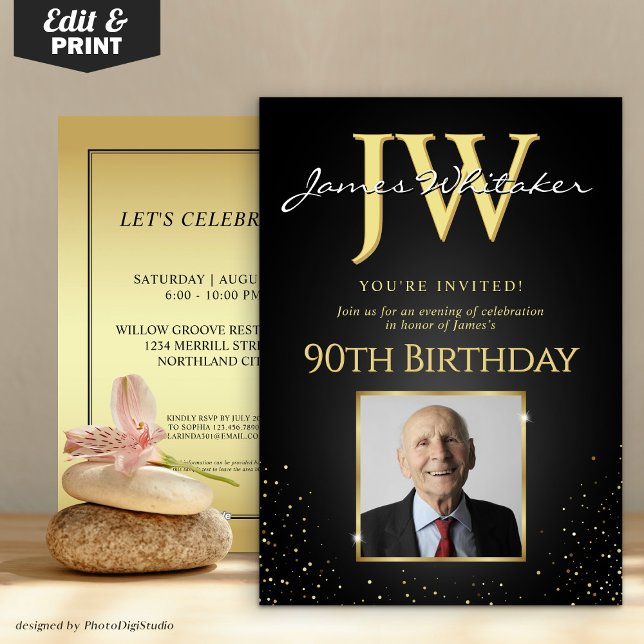 Convite Iniciais Personalizadas Aniversário do Elegante Bl (Custom Initials Elegant Black Gold 90th Birthday Invitation)