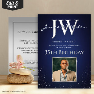 Convite Iniciais Personalizadas Prata Azul de Aniversário 