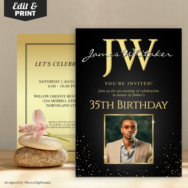Convite Iniciais Personalizadas Preto Elegante Dourado 35. (Custom Initials Elegant Black Gold 35th Birthday Invitation)