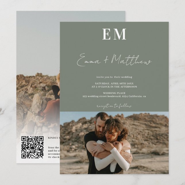 Convite Iniciais sage verde simples 2 fotos qr casamento (Frente/Verso)