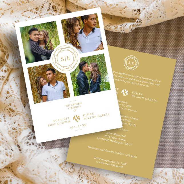 Convite Inicial Branco Ouro Mínimo Casamento Fancy 4 Fotos (White & Fake Gold Minimal Initials Simple Fancy 4 Multi Photos Collage Wedding Invitation Card.)