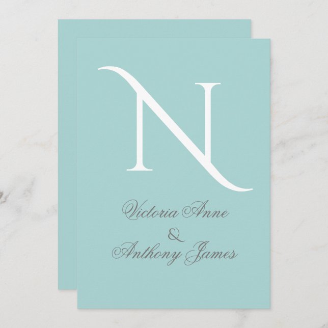 Convite inicial de casamento branco azul monograma (Frente/Verso)