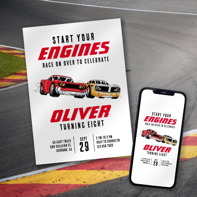 Convite Inicie a Festa de aniversário dos carros de corrid (Criador carregado)