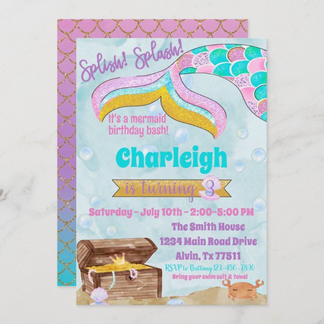 Convite Início da Parte da Piscina da Festa de aniversário (Frente/Verso)