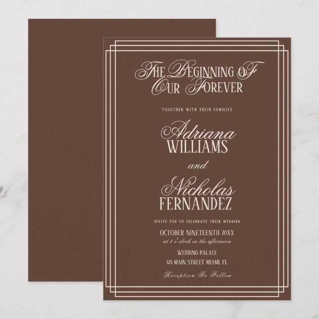Convite Início Marrom do Nosso Casamento Eterno Atemporal (Frente/Verso)