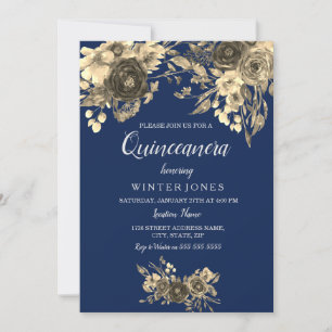 Convite Inivte de Quinceanera Azul, Marinho Floral Dourado