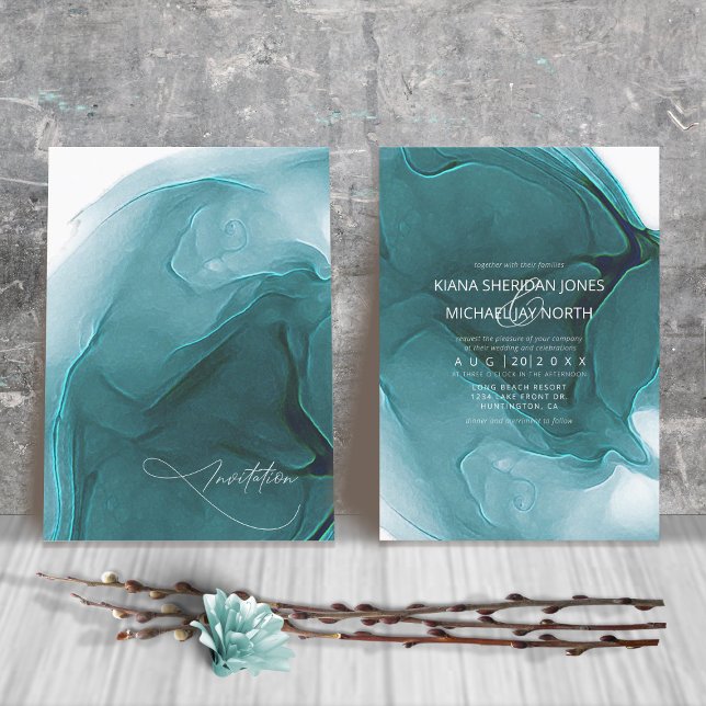 Convite Ink Flow Wedding Teal ID762 Invitation (Criador carregado)
