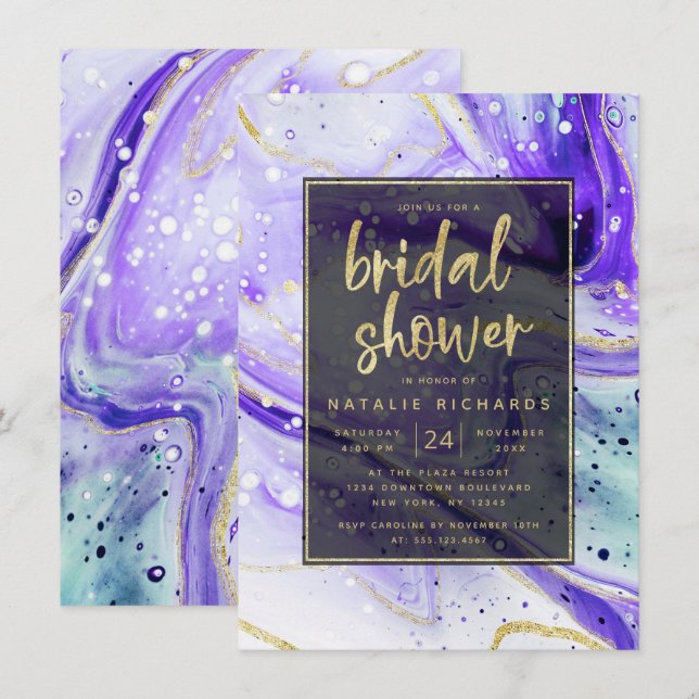 Convite Inky Splash Roxo Mármore com Chuva de Noiva Dourad (Frente/Verso)