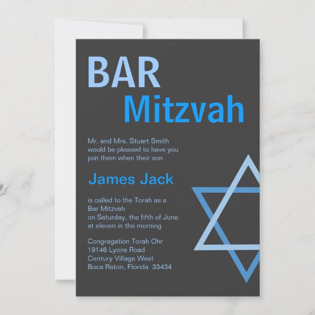 Convite Inovação Mitzvah, Bar Moderno - Azul e Cinza (Frente)