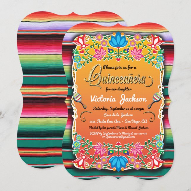 Convite Inquéritos da Fiesta Quinceañera, Dourada do Méxic (Frente/Verso)