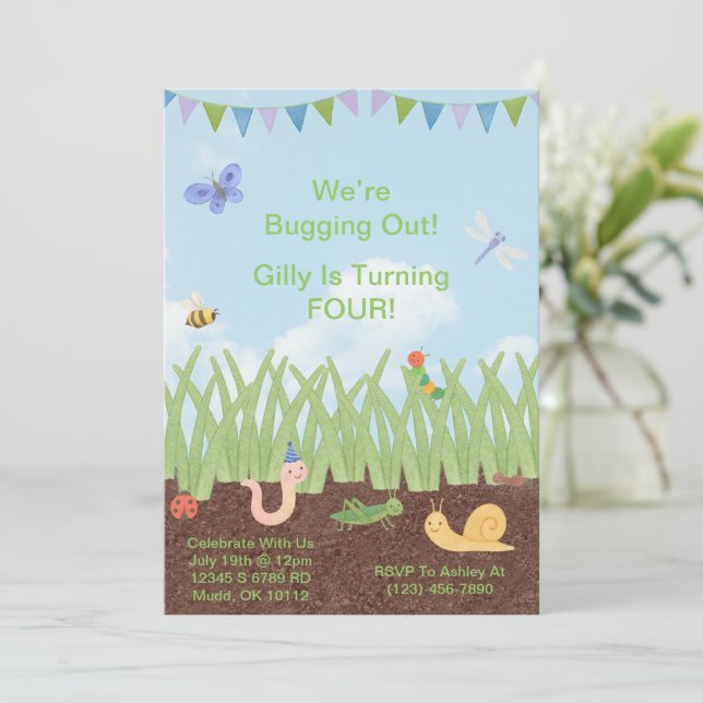 Convite Inseto de Aquarela Presente Aniversário Convidado  (Em pé/Frente)