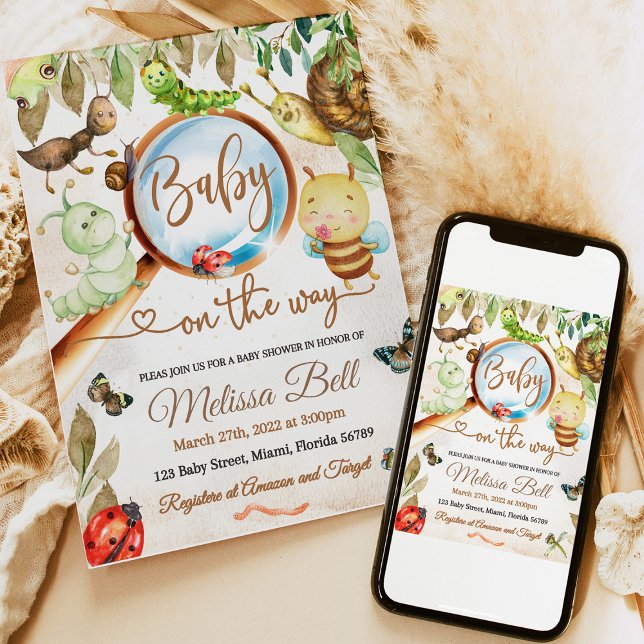 Convite Inseto e Chá de fraldas da lagarta (baby shower invitation, bug baby shower, woodland baby shower, cute bug invitation, ladybug baby sho)