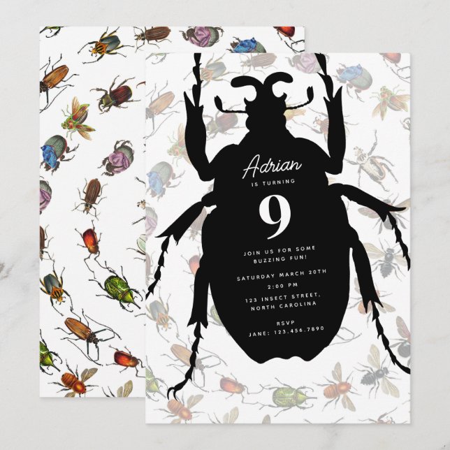 Convite Insetos Coloridos Escaravelhos Tema de Festa de an (Frente/Verso)