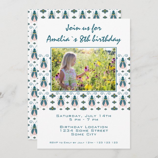 Convite Insetos Rosa, Flor, Garota Foto, Aniversário (Frente/Verso)