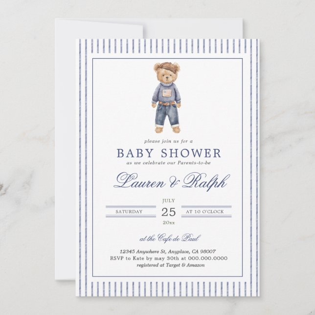 Convite Inspired Blue Teddy Bear Baby Shower (Frente)