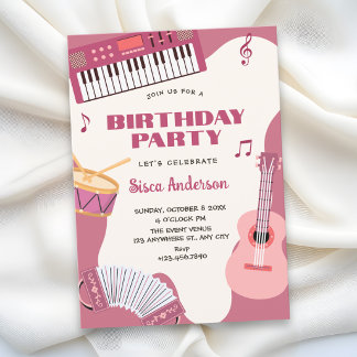 Convite Instrumentos musicais cor-de-rosa de aniversário