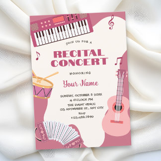 Convite Instrumentos musicais rosa recital de música