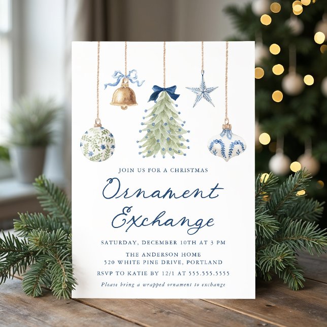 Convite Intercâmbio de Enfeite de Natal Azul Elegante (Criador carregado)