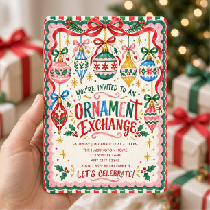 Convite Intercâmbio de Enfeites de Natal Coloridos Vintage
