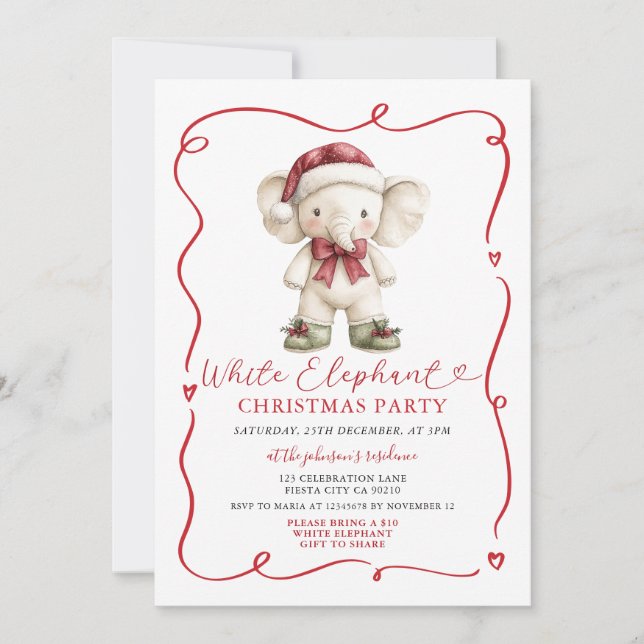 Convite Intercâmbio de Natal do Elefante Branco com Laço F (Frente)