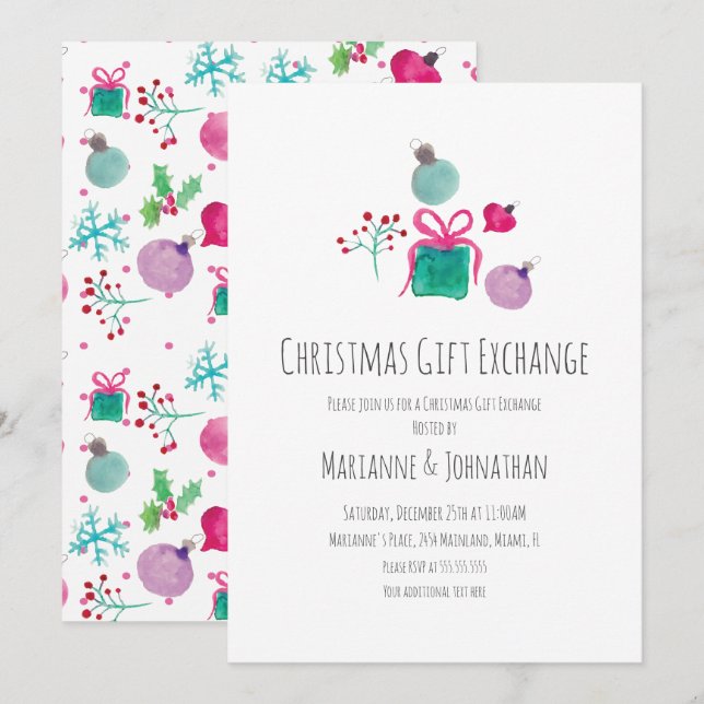 Convite Intercâmbio de Presentes de Natal em Aquarela  (Frente/Verso)