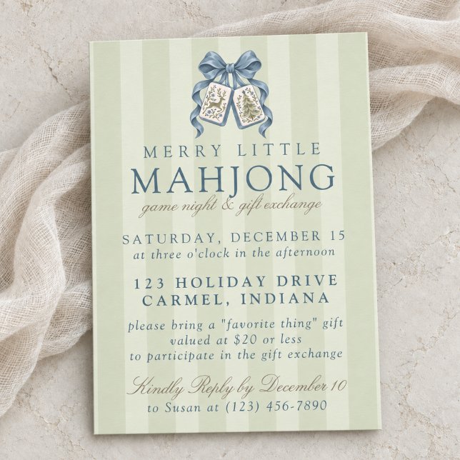 Convite Intercâmbio de Presentes de Natal Mahjong com Laço (Blue Bow Christmas Mahjong Gift Exchange Invitation)
