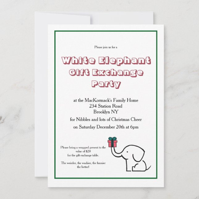Convite Intercâmbio de Presentes Elefante Branco Festa de  (Frente)